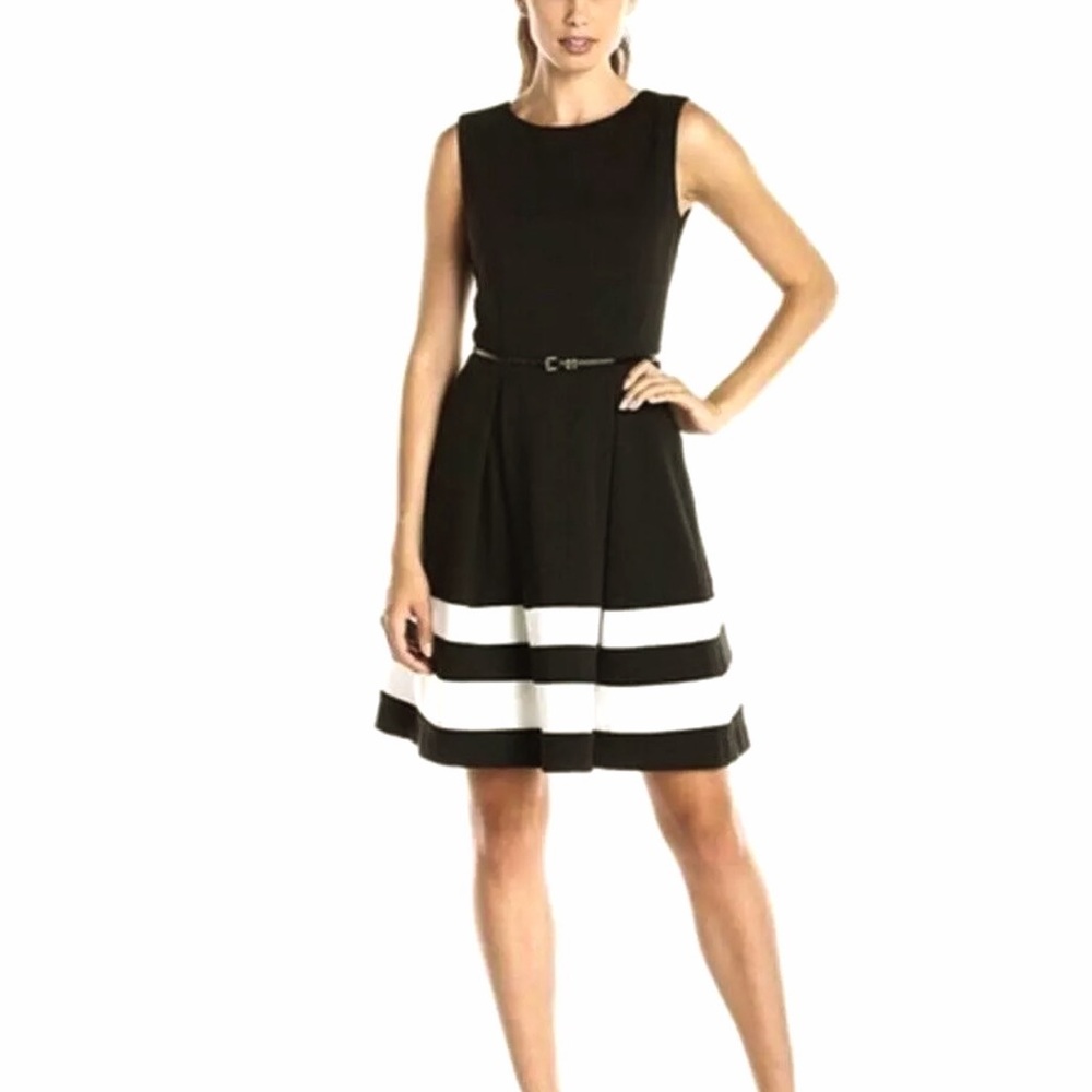 🌷SOLD🌷 Calvin Klein Black and White Fit and Flair Belted Sleeveless Dress Sz 2 - Picture 2 of 13